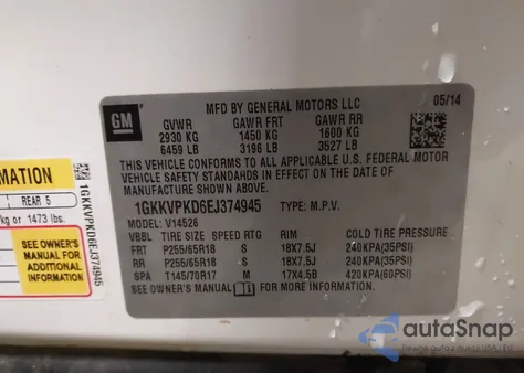 2014 GMC Acadia Sle-2 z USA, uszkodzony, nr VIN 1GKKVPKD6EJ374945